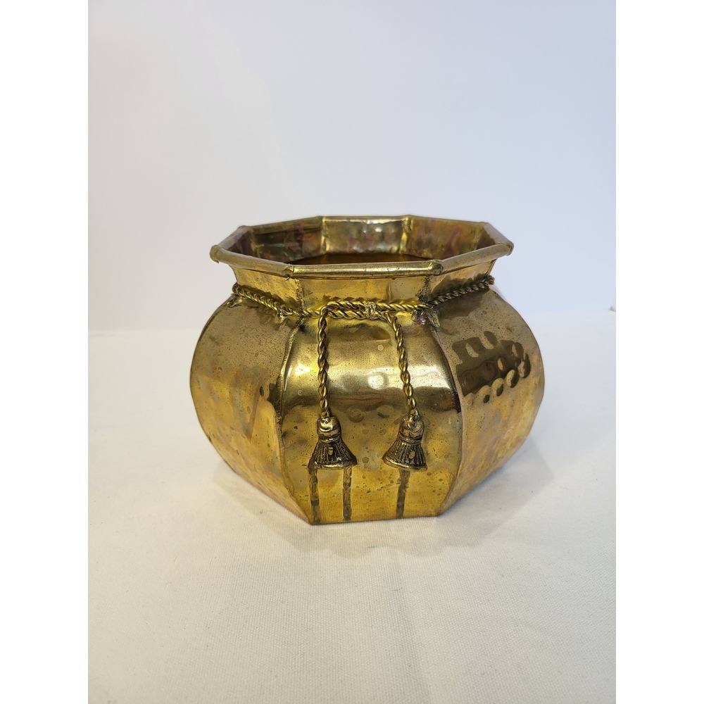 Vintage Octagonal Hammered Brass Planter Tassel Rope Hollywood Regency Bowl